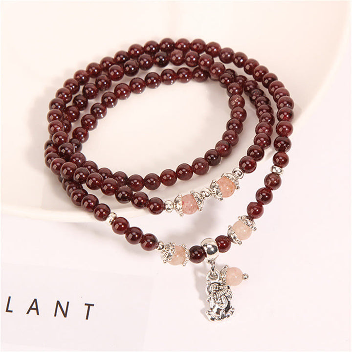 Pulsera de triple envoltura con Buddha Stones, granate natural, fresa, cuarzo, judías verdes, protección PiXiu