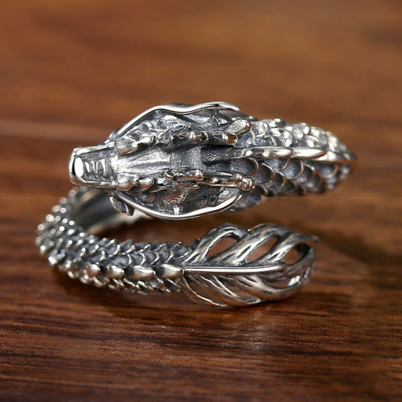 Anillo ajustable de plata de ley 925 con Buddha Stones , diseño vintage de dragón, protección del éxito, fuerza