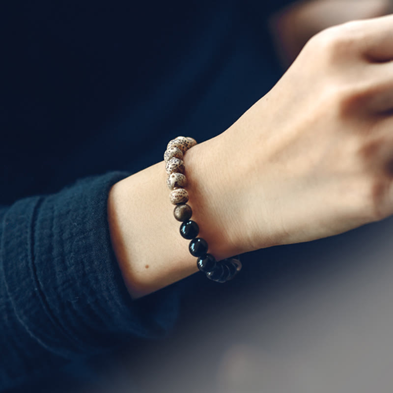 Pulsera de paz de cobre y madera de ébano, obsidiana negra, semilla de Bodhi tibetana, Buddha Stones