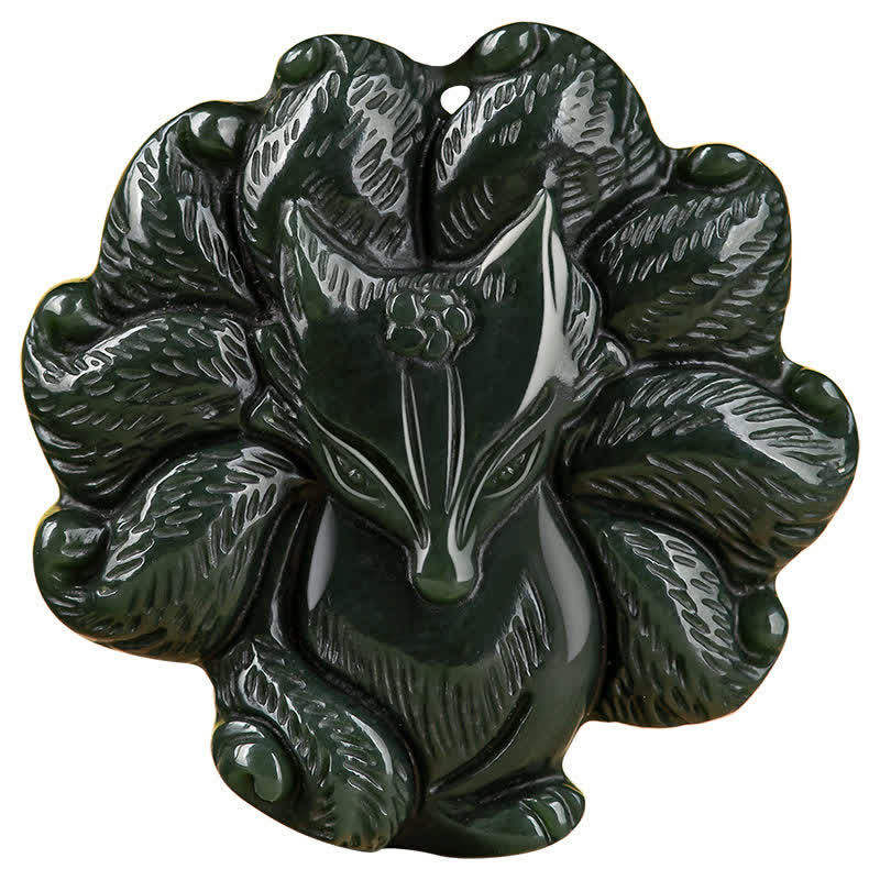 Colgante de cadena con collar de suerte de zorro de nueve colas de jade cian hetiano