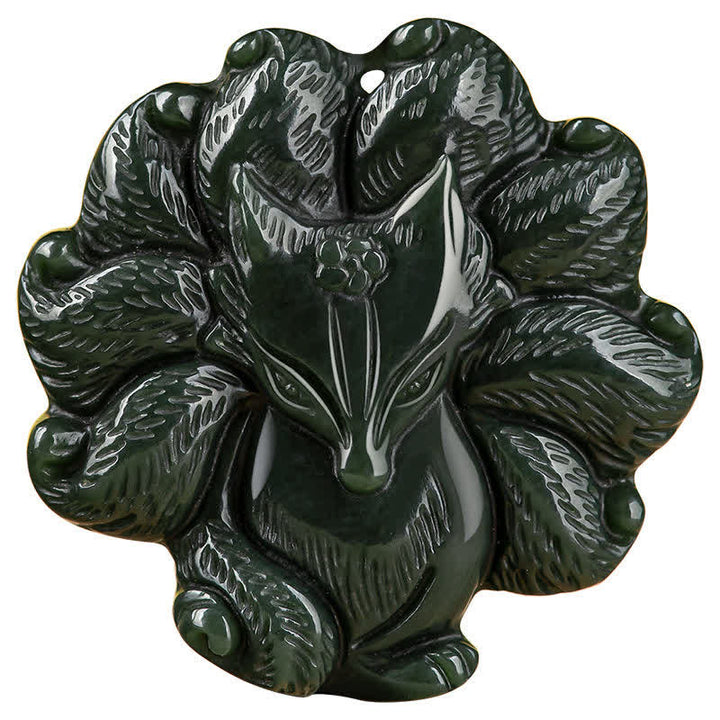 Colgante de cadena con collar de suerte de zorro de nueve colas de jade cian hetiano