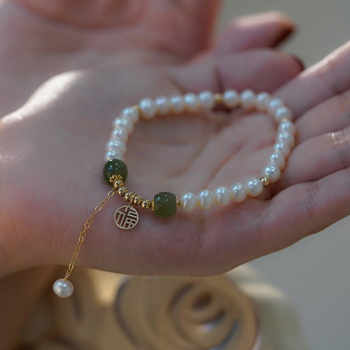 Pulsera de cuentas de sabiduría de felicidad de jade hetiano de perlas naturales