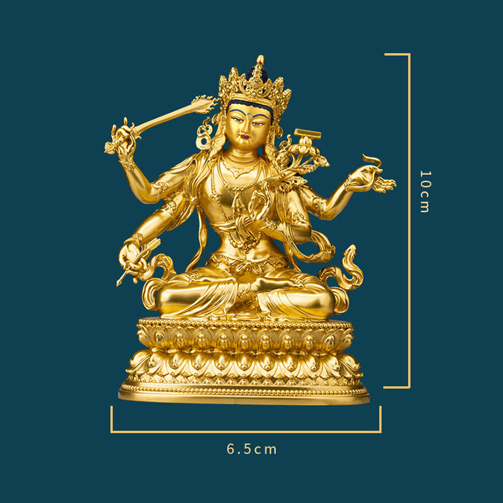 Estatuilla de oro Manjusri Bodhisattva de cuatro brazos, estatua de cobre de serenidad y compasión, decoración del hogar