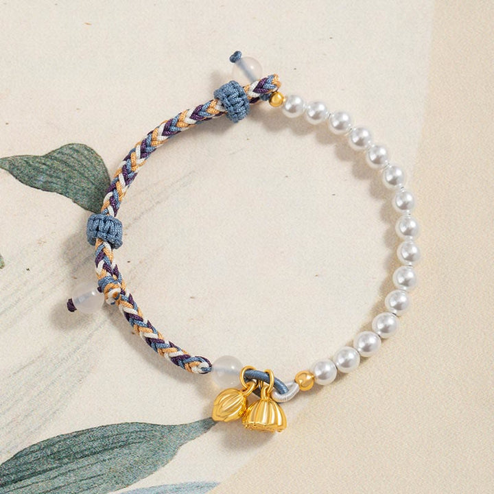 Pulsera de prosperidad de calcedonia de cuerda colorida con perlas de loto de plata de ley 925 con Buddha Stones