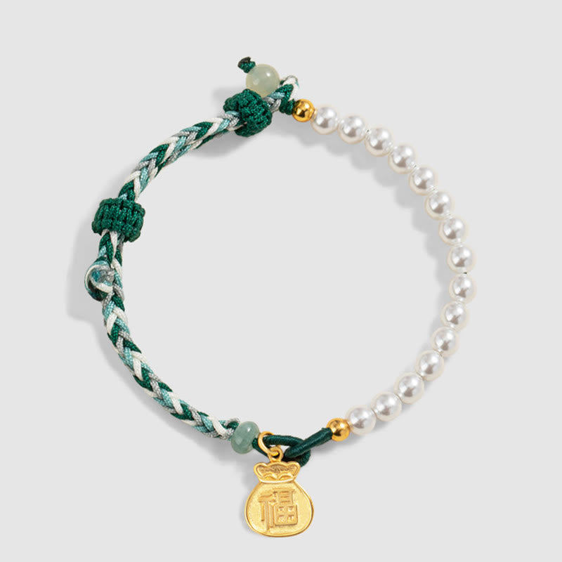 Pulsera de cuerda de sabiduría de jade hetiano con perlas de la suerte y carácter Fu de plata de ley 925 con Buddha Stones