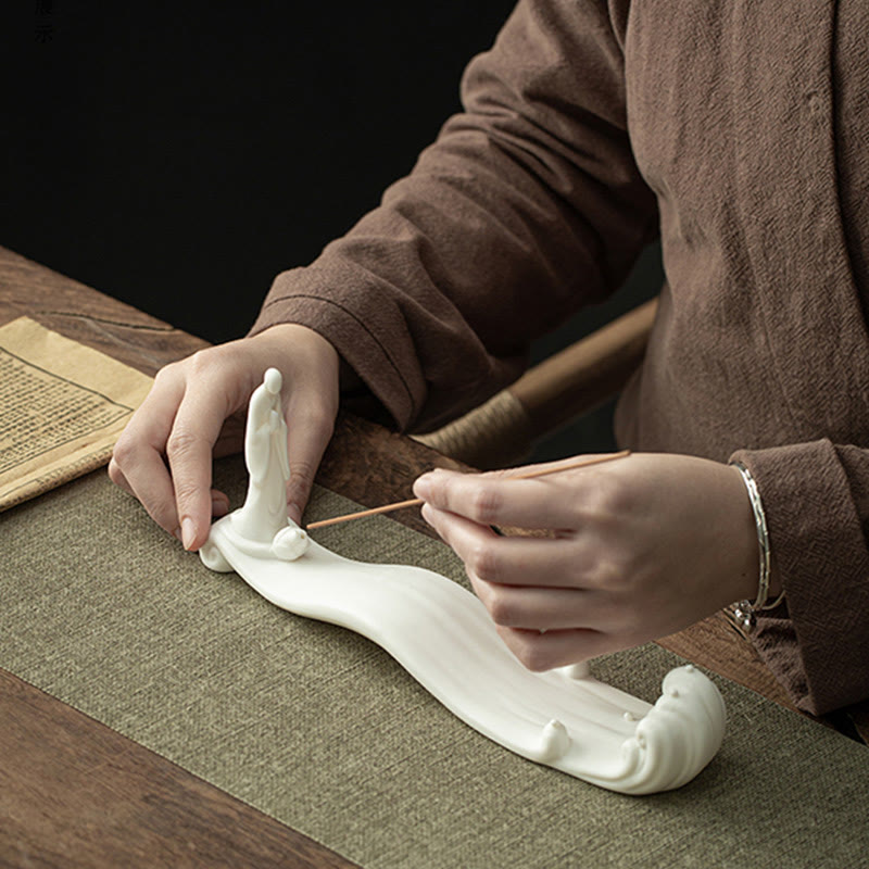 Quemador de incienso de cerámica con bendición de montaña, ola de mar, monje Buda, decoración