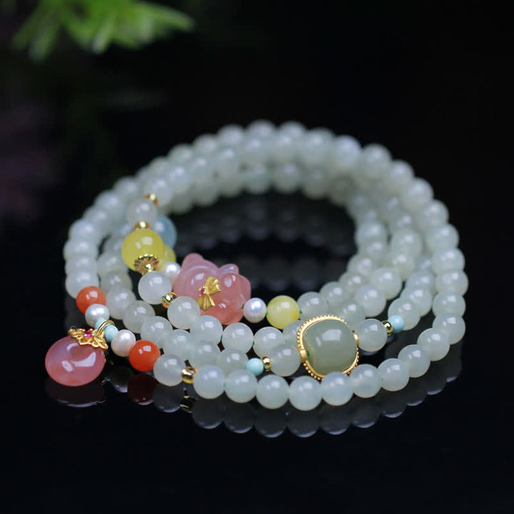 Pulsera de abundancia de felicidad con hebilla de paz de cristal rosa de Jade Natural Hetian