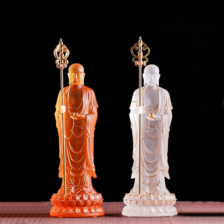 Buddha Stones hechas a mano, estatuilla de Bodhisattva Ksitigarbha, pieza de arte de cristal Liuli, estatua de serenidad, decoración del hogar