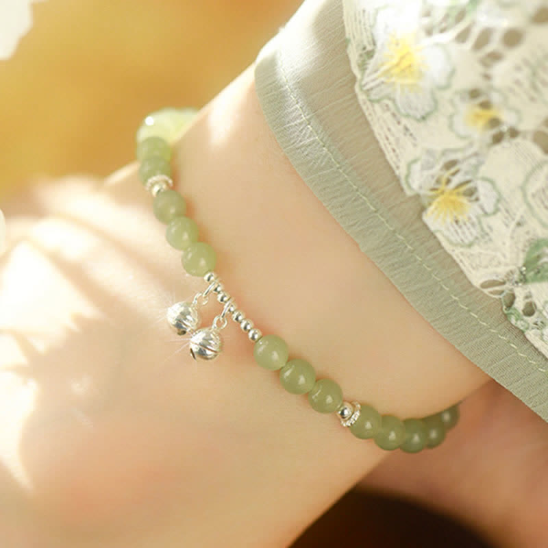 Tobillera con colgante de campana de prosperidad de jade hetiano natural de plata de ley 925