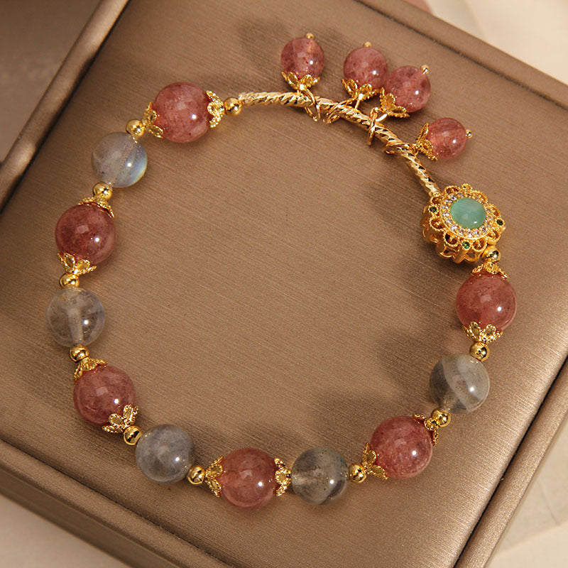 Pulsera con dije de borla curativa con piedra lunar de cuarzo fresa y Buddha Stones