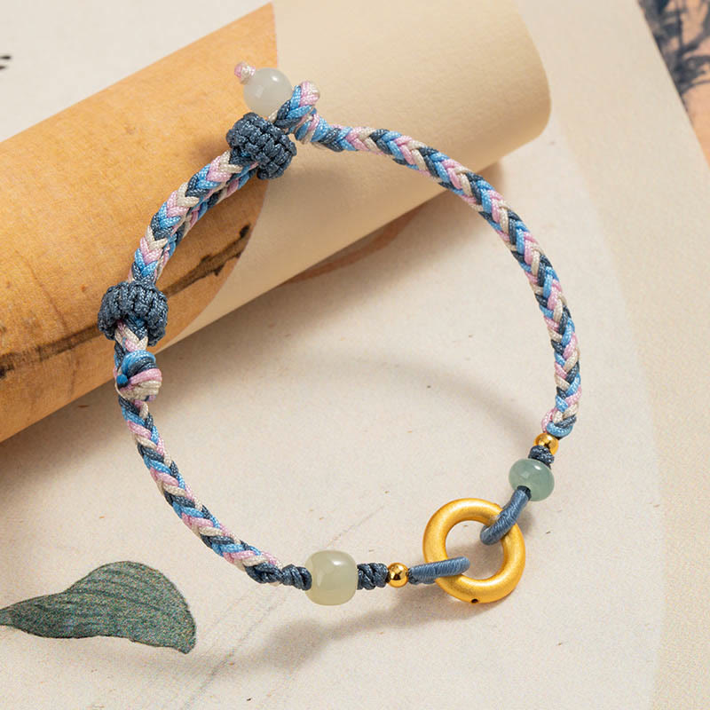 Pulsera de salud de la suerte con cuerda tejida a mano de jade hetiano de plata de ley 999 con Buddha Stones