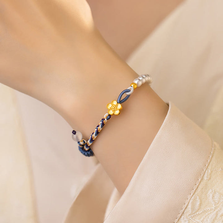 Pulsera de cuerda curativa de calcedonia con perlas de flor de melocotón de plata de ley 925 con Buddha Stones