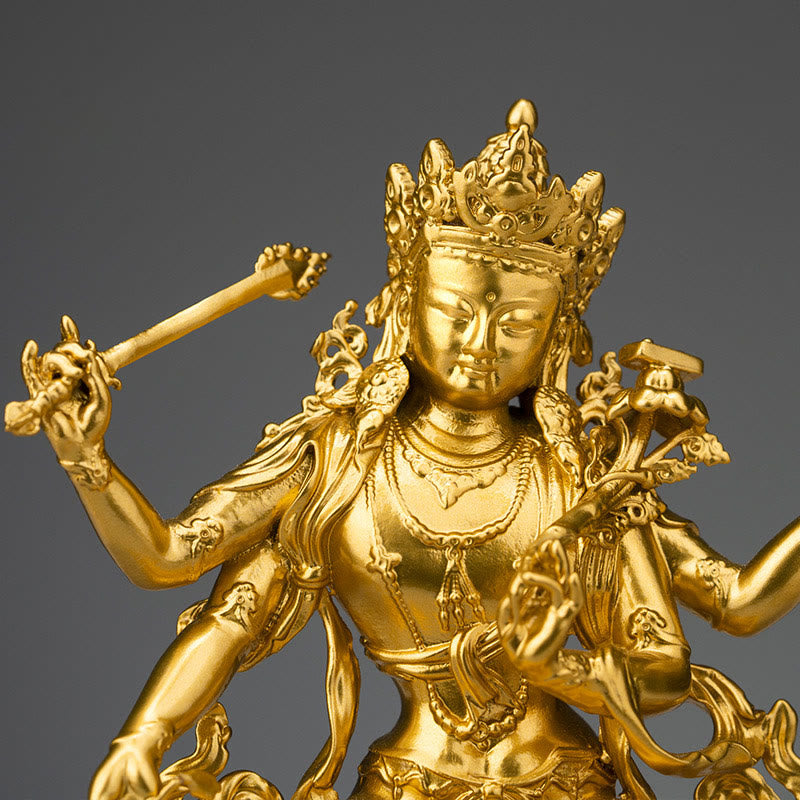 Estatuilla de oro Manjusri Bodhisattva de cuatro brazos, estatua de cobre de serenidad y compasión, decoración del hogar