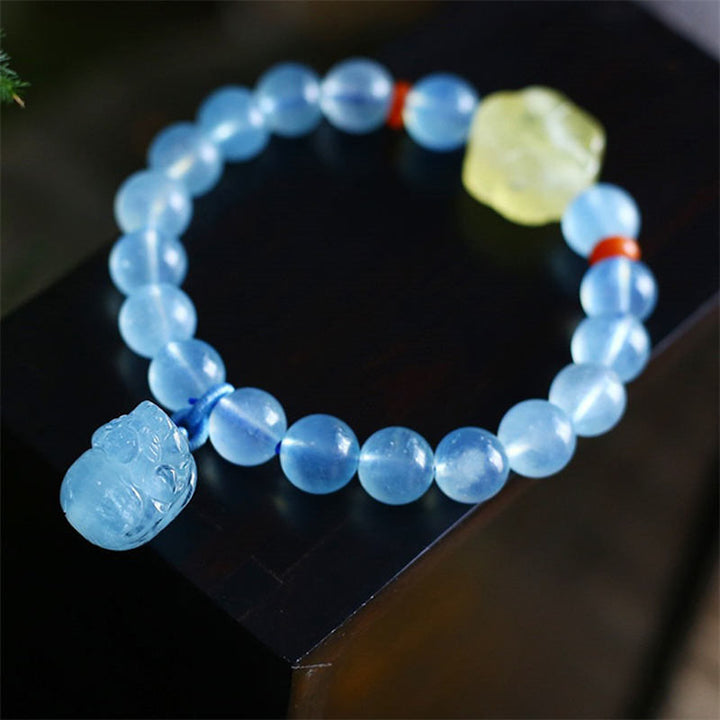 Pulsera con dije curativo de la paz, ámbar, aguamarina natural, Pixiu