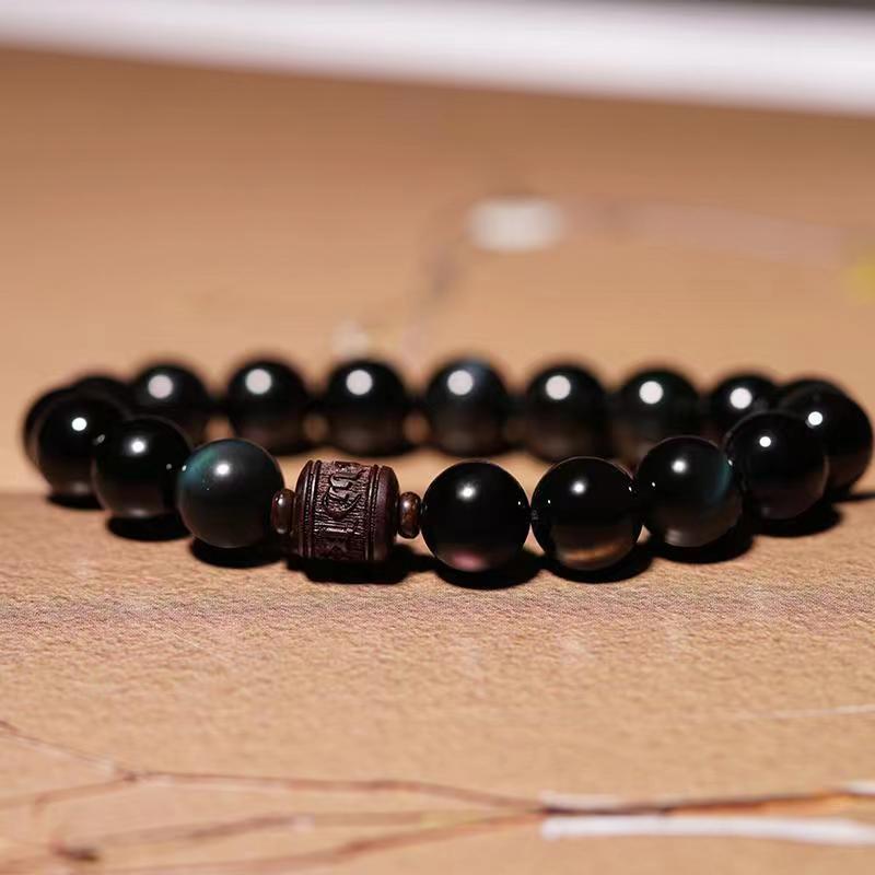 Pulsera curativa con carácter de obsidiana arcoíris de obsidiana con brillo de oro natural con Buddha Stones Om Mani Padme Hum Fu