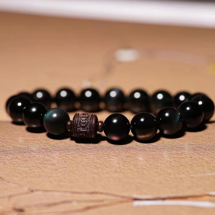 Pulsera curativa con carácter de obsidiana arcoíris de obsidiana con brillo de oro natural con Buddha Stones Om Mani Padme Hum Fu