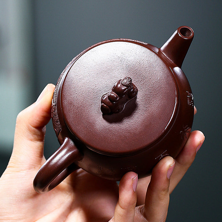 Tetera de kungfú de arcilla púrpura con dragón marrón hecha a mano de Buddha Stones Yixing, 240ml