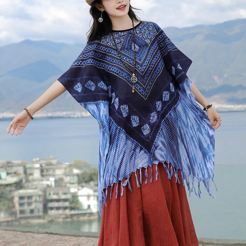 Jersey suave con chal Batik de rayas triangulares azules con Buddha Stones 90*95cm