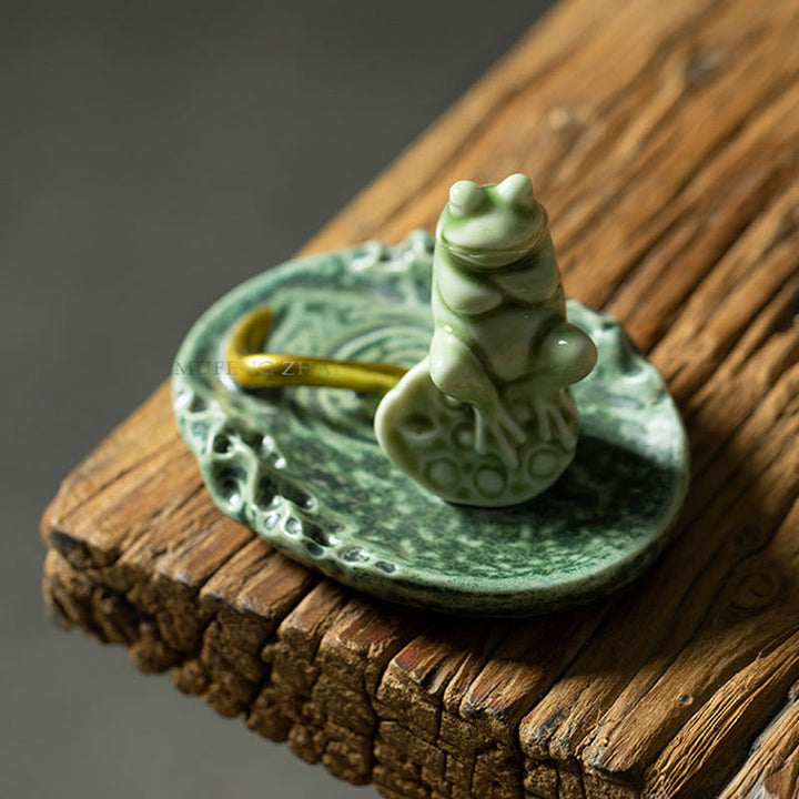 Quemador de incienso de cerámica curativo con patrón de rana para meditación de hojas de Buddha Stones, decoración