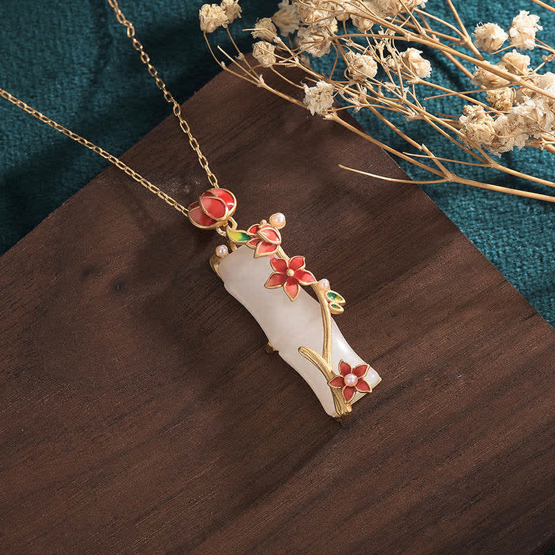 Colgante de collar de protección de la suerte con flores de loto de bambú de jade blanco de Buddha Stones - image 2
