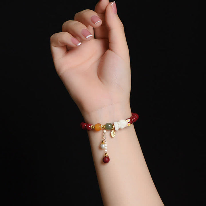Año del Conejo Cinabrio Hetian Jade Bunny Pulsera de bendición con cuentas