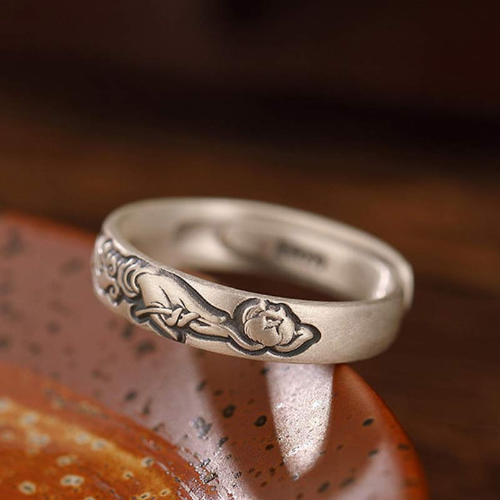 Anillo de iluminación de flor de peonía de loto de plata de ley 999