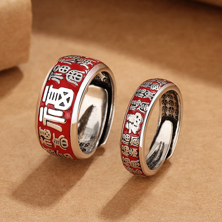 Anillo ajustable de cobre con diseño de personajes de Buddha Stones Fu Fortune Luck