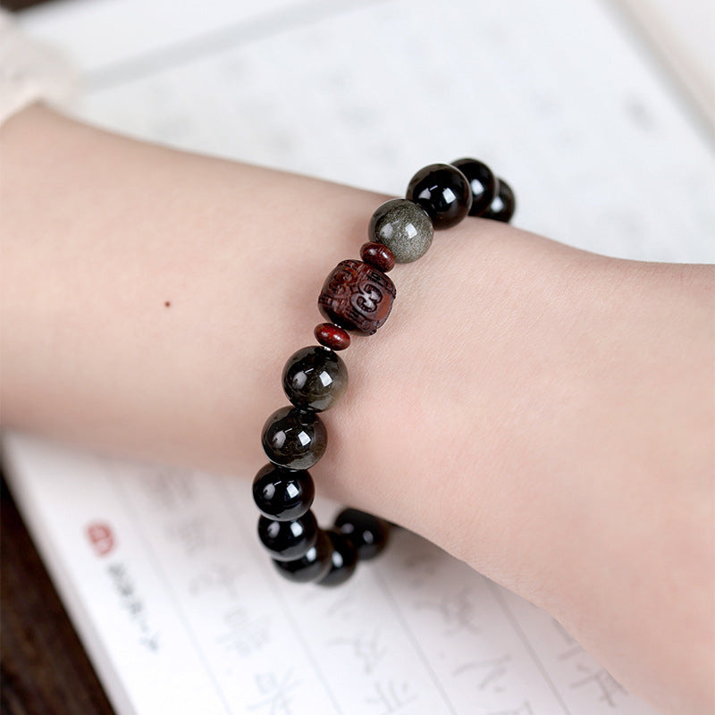 Pulsera curativa con carácter de obsidiana arcoíris de obsidiana con brillo de oro natural con Buddha Stones Om Mani Padme Hum Fu