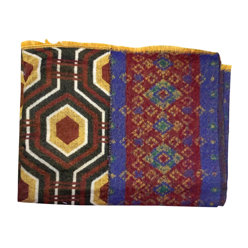 Mantón tibetano de Buddha Stones, patrón de formas geométricas, marrón, azul y rojo, bufanda de viaje acogedora para invierno