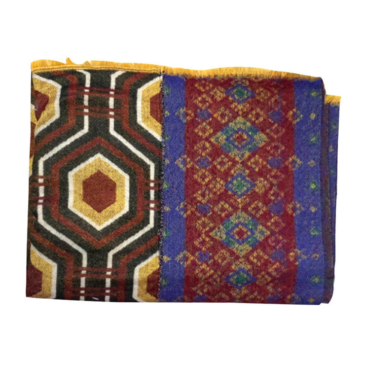 Mantón tibetano de Buddha Stones, patrón de formas geométricas, marrón, azul y rojo, bufanda de viaje acogedora para invierno