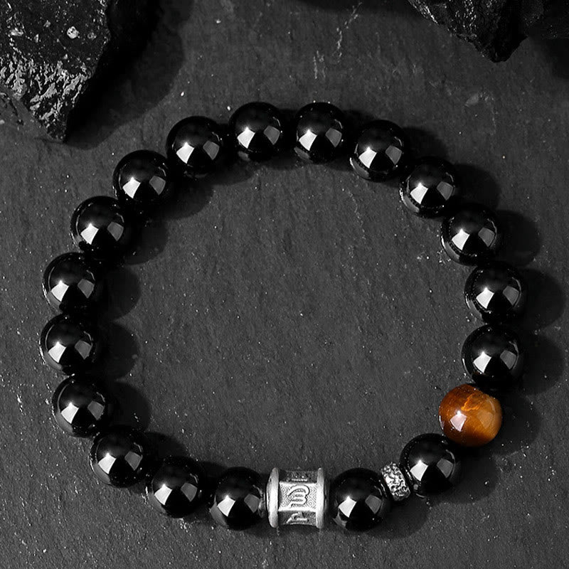 Pulsera de cumplimiento Om Mani Padme Hum de ojo de tigre de obsidiana negra de plata de ley 999 con Buddha Stones - image 1