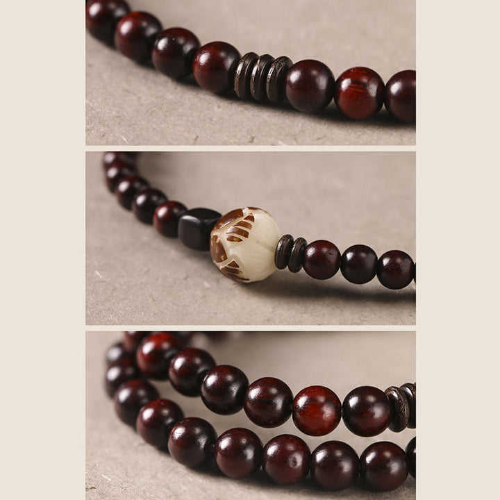 Pulsera de doble envoltura de protección tallada con semillas de loto y sándalo rojo de hoja pequeña de Buddha Stones