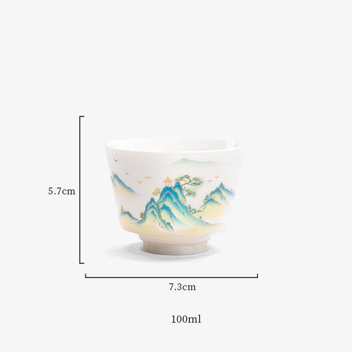 Taza de té de cerámica con Buddha Stones, flor de loto, hoja, montaña, pabellón, alce, peonía, taza de té de Kung Fu