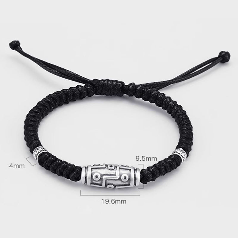 Pulsera de cuerda de bendición con patrón de cuentas Dzi de nueve ojos de plata de ley 999 con Buddha Stones