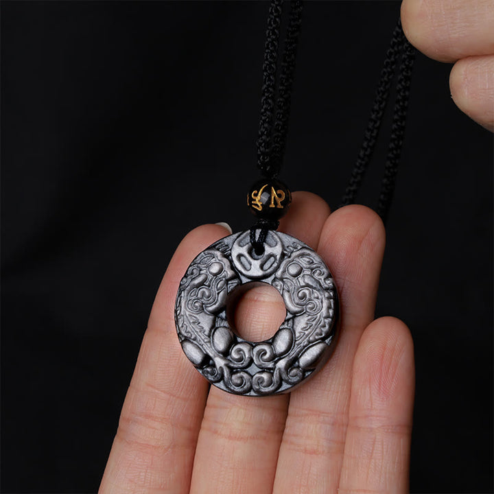 Colgante de collar de protección con hebilla de la paz, moneda de cobre PiXiu doble, obsidiana brillante de plata Natural , Buddha Stones - image 5