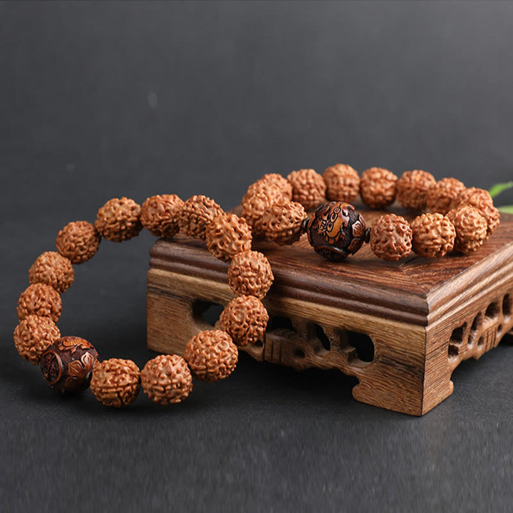 Pulsera de la suerte de la riqueza de la moneda de cobre de PiXiu de la semilla de Bodhi de Rudraksha del Tíbet con Buddha Stones