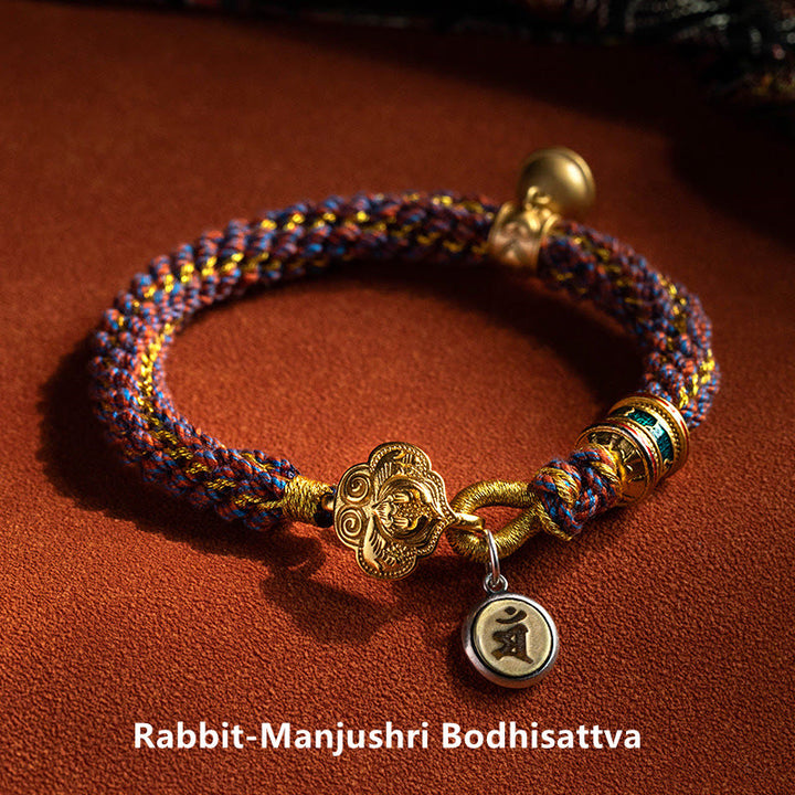 Pulsera de cuerda trenzada con campana de la suerte, Om Mani Padme Hum, Buda natal del zodíaco chino, Plata de Ley 925 con Buddha Stones