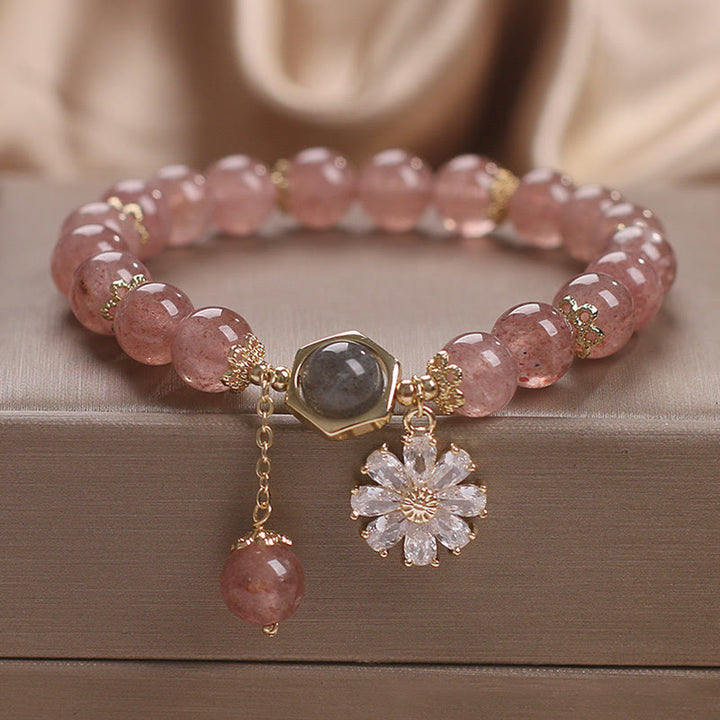 Pulsera curativa positiva con dije de flor de Margarita y cristal de cuarzo fresa Natural