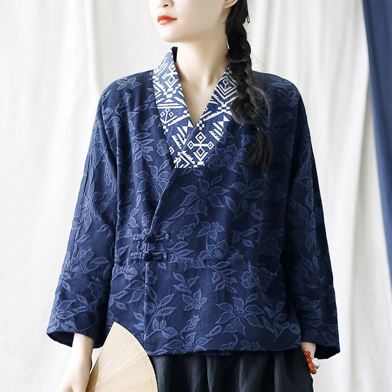 Chaqueta de manga larga con cuello en V y jacquard floral con Buddha Stones