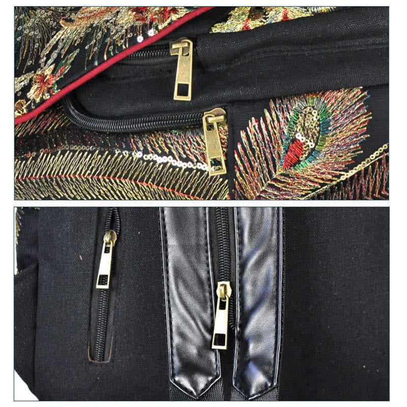 Mochila con borlas de lona con bordado de pavo real