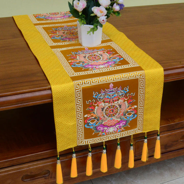 Tapete para altar de oración con Buddha Stones , Man-Bcu, Kalachakra, nudo sin fin, Vajra, símbolos propicios tibetanos, camino de mesa con borlas