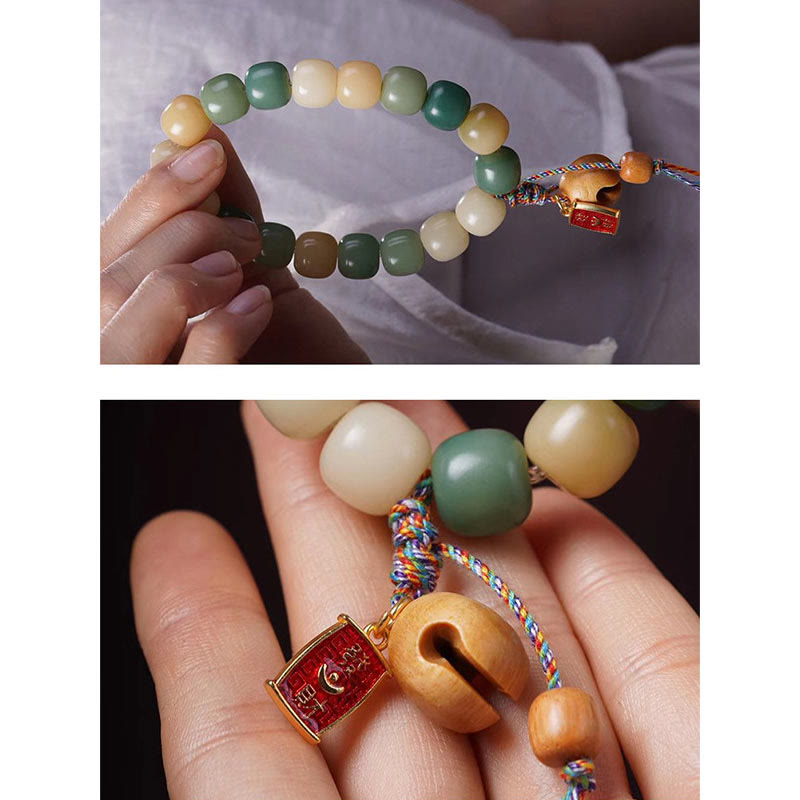Pulsera con dije de tambor de pez de madera con semillas de Bodhi, gradiente Natural, Buddha Stones