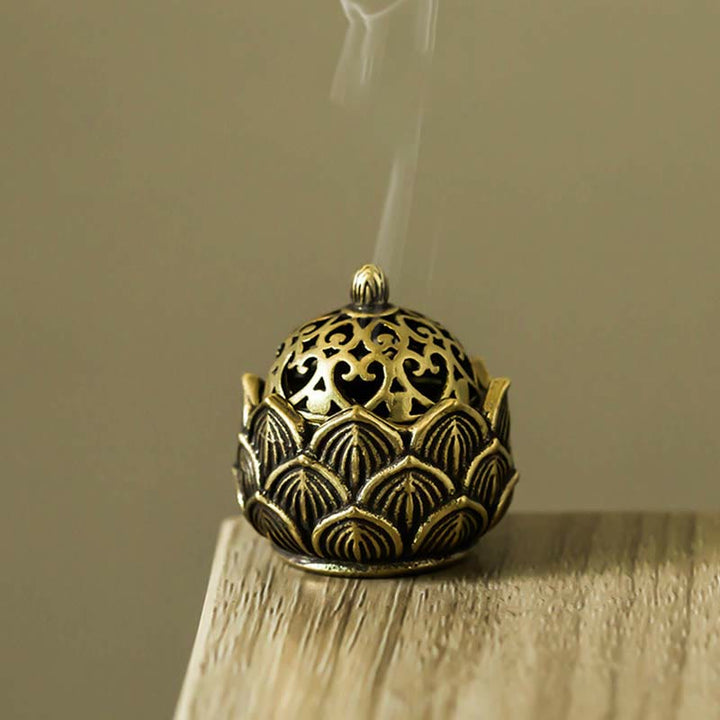 Quemador de incienso de cobre para meditación con diseño de mini loto tibetano