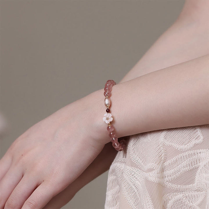 Pulsera de amor con Buddha Stones, cuarzo fresa, flor de melocotón