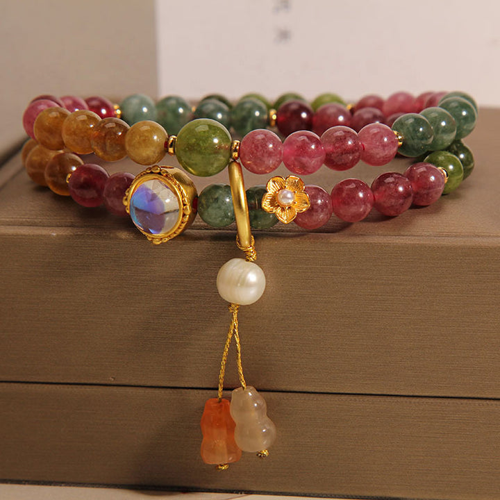 Pulsera con dije de calabaza de doble vuelta positiva con turmalina multicolor y Buddha Stones