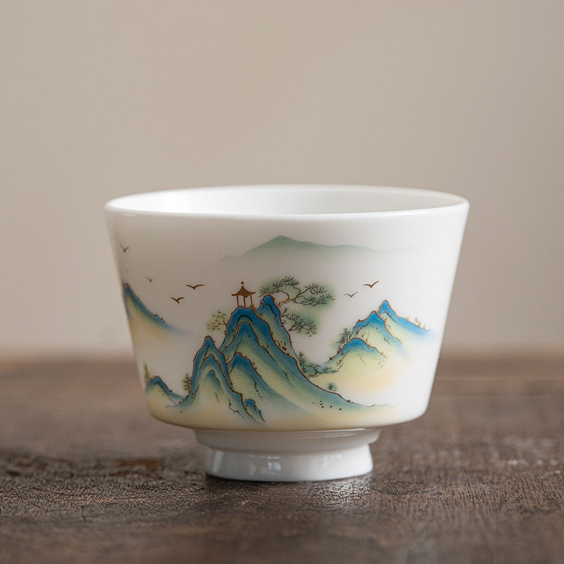 Taza de té de cerámica con Buddha Stones, flor de loto, hoja, montaña, pabellón, alce, peonía, taza de té de Kung Fu