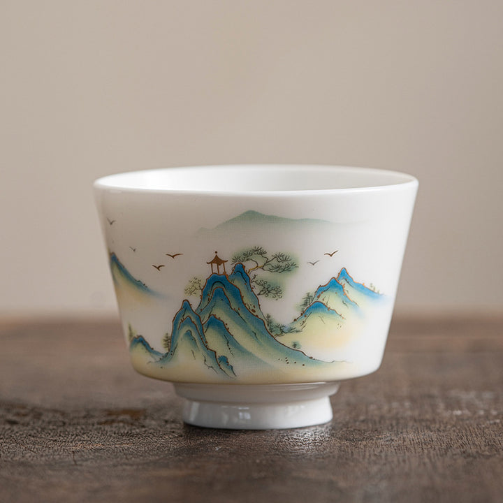 Taza de té de cerámica con Buddha Stones, flor de loto, hoja, montaña, pabellón, alce, peonía, taza de té de Kung Fu