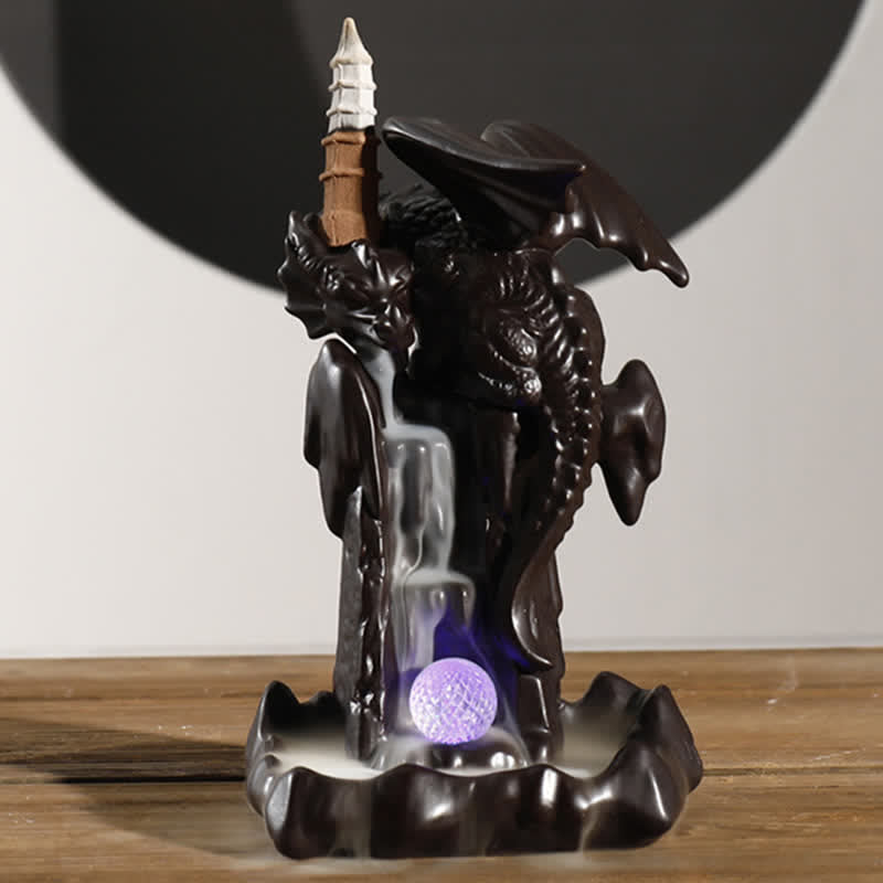 Quemador de incienso curativo para meditación, fuente de humo de reflujo de cerámica de dragón nórdico, decoración de bola Led