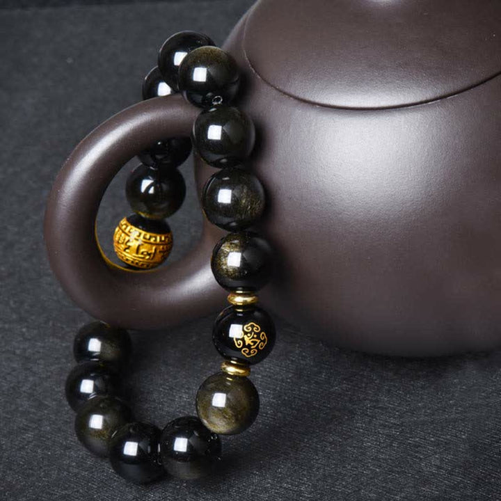 Pulsera de protección de la riqueza de obsidiana con brillo dorado del Buda Natal del zodíaco chino