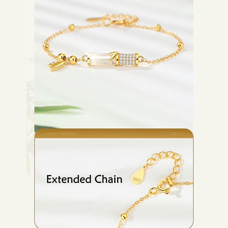 Pulsera de la suerte con hojas de circón de bambú y jade blanco chapada en oro de 18 quilates de plata de ley 925 con Buddha Stones